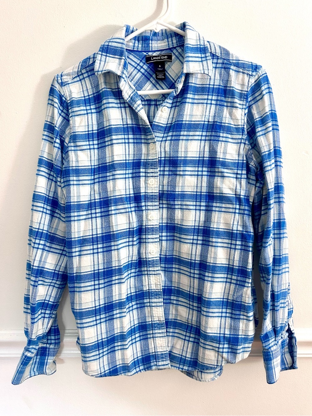 Lands End Flannel Shirt Womens 6 Blue White Plaid Cotton Button Up Long Sleeve